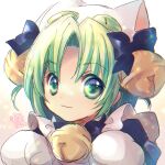  1girl absurdres animal_hands animal_hat apron bell cat_hat dejiko di_gi_charat gloves green_eyes green_hair hair_bell hair_ornament hat highres jingle_bell koge_donbo maid_apron mittens paw_gloves signature simple_background smile white_mittens 