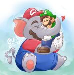  &lt;3 anthro brother_(lore) brothers_(lore) clothing duo elephant elephant_mario elephantid embrace facial_hair gloves handwear hat headgear headwear hug human luigi male mammal mario_bros mustache nintendo overalls proboscidean sibling_(lore) sitting ura_ebi_tin 