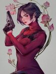  1girl ada_wong asian black_eyes black_gloves black_hair breasts cowboy_shot dress floral_background gloves grey_background gun half_gloves handgun holding holding_gun holding_weapon long_sleeves looking_at_viewer medium_breasts parted_bangs red_dress red_lips resident_evil resident_evil_4 resident_evil_4_(remake) short_hair signature solo tholia_bentz turtleneck_dress weapon web_address 