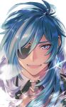  1boy absurdres blue_eyes blue_hair close-up dark-skinned_male dark_skin earrings eyepatch fur_scarf genshin_impact hair_between_eyes highres jewelry kaeya_(genshin_impact) lllkalllwalll long_hair looking_at_viewer male_focus one_eye_covered simple_background single_earring smile teeth tongue upper_body white_background 