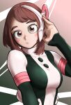  1girl :/ absurdres black_bodysuit bodysuit boku_no_hero_academia brown_eyes brown_hair hand_up highres looking_at_viewer medium_hair multicolored_bodysuit multicolored_clothes pink_bodysuit piyo_(tzdn7222) solo superhero uraraka_ochako 