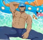  1boy abs absurdres archie_(pokemon) arm_up armpits bandana bara beard black_eyes blue_bandana bodysuit brown_hair bulge commentary dark-skinned_male dark_skin english_commentary facial_hair feet_out_of_frame highres huntail large_pectorals lying male_focus mature_male muscular muscular_male navel nipples on_back paid_reward_available partially_submerged pectorals pokemon pokemon_(creature) pokemon_(game) pokemon_oras short_hair solo_focus somindul spread_legs stomach thick_thighs thighs topless_male wetsuit 