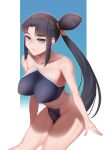  1girl absurdres bare_shoulders bikini black_hair blue_background blue_bikini blue_eyes breasts bulge closed_mouth cojohn collarbone commentary_request fate/grand_order fate_(series) futanari hair_bun highres long_hair looking_at_viewer medium_breasts parted_bangs side_ponytail sidelocks simple_background single_hair_bun single_side_bun smile solo swimsuit ushiwakamaru_(fate) ushiwakamaru_(swimsuit_assassin)_(fate) ushiwakamaru_(swimsuit_assassin)_(first_ascension)_(fate) very_long_hair white_background 