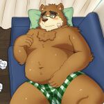  2023 anthro bear belly big_belly blush clothing furniture hi_res kemono lifewonders lying male mammal moobs overweight overweight_male pillow sofa solo tokyo_afterschool_summoners underwear volos yaki_atsuage 