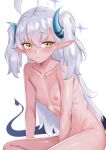  1girl absurdres ahoge blue_archive blue_horns blush breasts closed_mouth completely_nude dark-skinned_female dark_skin demon_tail eyelashes grey_hair hair_between_eyes halo highres horns long_hair looking_at_viewer nantaru_chiya nipples nude orange_eyes pointy_ears simple_background small_breasts solo sumomo_(blue_archive) tail two_side_up very_long_hair white_background 