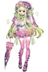  1girl :d black_eyes bow bow_legwear bowtie breasts center_frills closed_umbrella empty_eyes footwear_bow frills full_body gloves green_bow green_bowtie green_hair hand_up holding holding_umbrella juliet_sleeves katagiri_hachigou legs_apart long_hair long_sleeves medium_breasts open_mouth personification pink_bow pink_gloves pink_theme pokemon puffy_sleeves purple_bow shiinotic simple_background sleeve_bow smile solo standing striped striped_bow umbrella very_long_hair white_background 