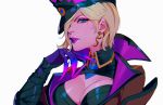  1girl absurdres bandaged_arm bandages black_headwear blonde_hair blue_eyes breasts brown_jacket chadetteisgiga chromatic_aberration cleavage cleavage_cutout clothing_cutout collared_shirt earrings evelynn_(league_of_legends) eyeshadow hair_over_one_eye hat highres jacket jewelry large_breasts league_of_legends looking_at_viewer makeup mole mole_under_eye official_alternate_costume official_alternate_hairstyle parted_lips pink_headwear purple_lips shirt short_hair simple_background solo soul_fighter_(league_of_legends) soul_fighter_evelynn upper_body white_background 