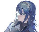  1girl aisutabetao blue_eyes blue_hair expressionless eyelashes fire_emblem fire_emblem_awakening from_side hair_between_eyes highres long_hair looking_at_viewer lucina_(fire_emblem) sidelocks solo symbol_in_eye tiara turtleneck upper_body white_background 