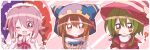  1girl 2boys ;3 ? blue_headwear blush blush_stickers brown_eyes brown_hair capelet closed_mouth commentary_request double_v fang green_eyes green_hair gryll_(kirby) hair_between_eyes hat highres jacket jester_cap kirby_(series) looking_at_viewer magolor marx_(kirby) multicolored_clothes multicolored_headwear multiple_boys neck_ribbon no_nose one_eye_closed open_clothes open_jacket open_mouth outline parted_lips personification pink_eyes pink_hair pink_ribbon pointy_ears red_headwear red_jacket red_shirt ribbon shirt short_hair smile striped striped_background sweat usagi_nui v v-shaped_eyebrows white_capelet white_outline 