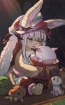  2others :3 absurdres androgynous animal_ears body_fur brown_fur ears_through_headwear fake_horns furry half-closed_eyes helmet highres horizontal_pupils horned_helmet horns joker_(jjjokerrr233) light_smile looking_at_another made_in_abyss multicolored_pants multiple_others nanachi_(made_in_abyss) other_focus puffy_pants rabbit_ears sitting stuffed_animal stuffed_toy topless underground whiskers white_hair 