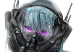  1girl absurdres blue_hair broken_glass broken_helmet crack gas_mask glass head_tilt helmet highres looking_at_viewer mask original purple_eyes science_fiction solo user_wkug7487 white_background 