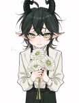  1boy aged_down black_hair black_nails black_pants dragon_boy dragon_horns flower green_eyes highres horns long_sleeves looking_at_viewer male_child male_focus malleus_draconia pants pointy_ears ponytail shirt slit_pupils solo suspenders twisted_wonderland udonh white_background white_flower white_shirt 