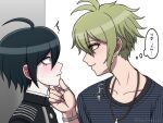  2boys ^^^ ahoge amami_rantaro black_hair closed_mouth collarbone danganronpa_(series) danganronpa_v3:_killing_harmony earrings eye_contact green_eyes green_hair hand_on_another&#039;s_chin hand_up highres jacket jewelry looking_at_another male_focus multiple_boys necklace ring saihara_shuichi shirt short_hair striped striped_shirt suiren_yurei sweatdrop thought_bubble translation_request 