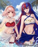  2girls alear_(female)_(fire_emblem) alear_(fire_emblem) bikini blue_eyes blue_hair blush braid breasts commission crossed_bangs doiparuni fire_emblem fire_emblem_engage hair_ribbon hairband heterochromia highres lapis_(fire_emblem) long_hair medium_breasts multicolored_hair multiple_girls pink_eyes pink_hair red_bikini red_eyes red_hair red_hairband ribbon short_hair smile split-color_hair swimsuit tiara two-tone_hair very_long_hair white_bikini white_ribbon 