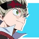  1boy asta_(black_clover) black_clover black_headband brakuro_oji close-up closed_mouth green_eyes grey_hair headband highres long_bangs looking_at_another male_focus open_collar short_hair smile solo spiked_hair 