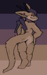  anthro big_tail brown_body brown_fur butt collar dragon ear_piercing ear_ring fluffy fluffy_tail fur fur_tuft hair hand_on_hip hi_res horn long_hair looking_at_viewer looking_back looking_back_at_viewer male model_sheet nude piercing ring_piercing smile smiling_at_viewer solo spiro_(spyromancer) spyromancer standing tail tuft 