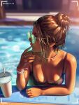  1girl a.x. battery_indicator bikini black_bikini blurry blurry_background bracelet breasts brown_eyes brown_hair cup disposable_cup drinking_straw hair_bun jewelry light_particles medium_breasts mole mole_under_mouth original outdoors partially_submerged pool recording ring shiny_skin solo sunglasses swimsuit tan viewfinder 