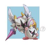  ? armor blue_background border colored_skin galacta_knight highres holding holding_shield kirby kirby_(series) lance looking_at_another mask no_humans outside_border pauldrons pink_skin polearm purple_eyes shield shoulder_armor trade-wind weapon white_border wings 