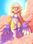  anthro avian bird blonde_hair breasts cloud curvy_figure feathers female fur hair hi_res mr.nightmare no_pupils owl solo white_body white_fur yellow_body yellow_fur 
