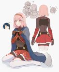  1boy 1girl alcryst_(fire_emblem) armor blue_cape bodysuit boots cape closed_mouth fire_emblem fire_emblem_engage hair_ribbon hairband highres knee_boots lapis_(fire_emblem) looking_at_another pink_hair red_eyes ribbon short_hair skirt white_background wspread 