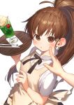  1girl apron black_ribbon blush brown_eyes brown_hair cheek_poking cherry collared_shirt cup expressionless food fruit highres holding ice_cream long_hair neck_ribbon poking ponytail ribbon ryota_(ry_o_ta) shadow shirt short_sleeves signature simple_background solo_focus spoon taneshima_popura tray upper_body white_background white_shirt working!! 