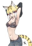 1girl animal_ear_fluff animal_ears armpits arms_up black_hair blonde_hair blue_eyes bra breasts closed_mouth collarbone denim empty_eyes furrowed_brow grey_background groin hair_between_eyes jeans kemono_friends kishida_shiki lips looking_at_viewer medium_breasts multicolored_hair navel pants pantyhose ribs simple_background smilodon_(kemono_friends) solo stomach strap_gap tail underwear undressing white_background white_hair 