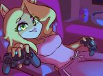  2020 activision alex-toons anthro beverage_can blonde_hair breasts chair clothing controller crash_bandicoot_(series) eyeshadow female furniture game_controller green_eyes hair hi_res lipstick looking_at_viewer makeup mammal marsupial playstation playstation_controller signature smile solo sony_corporation sony_interactive_entertainment tawna_bandicoot 