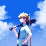  1girl blonde_hair blue_eyes cloud club_(weapon) day from_side hair_ribbon hand_on_own_hip highres holding holding_weapon horns long_hair necktie oni_horns outdoors over_shoulder profile ribbon setsubun shirt short_sleeves sky smile solo sonya_(kill_me_baby) spiked_club twintails very_long_hair weapon weapon_over_shoulder white_shirt yachima_tana 