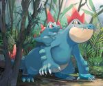  2others claws feraligatr highres momota_pix multiple_others no_humans outdoors plant pokemon pokemon_(creature) red_eyes reptile teeth totodile tree water yellow_eyes 