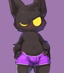  anthro blush boxer_briefs boxer_briefs_only bulge clothed clothing hands_on_hips head_tuft hi_res league_of_legends male mammal mouthless navel one_eye_closed portrait purple_background purple_boxer_briefs purple_clothing purple_underwear riot_games simple_background smite_(artist) solo standing three-quarter_portrait topless tuft underwear underwear_only veigar yellow_eyes yordle 