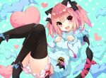  1girl animal_ears aqua_background badge bat_hair_ornament bat_wings black_bow black_thighhighs bloomers blue_hoodie bow button_badge cat_ears cat_tail drawstring facial_mark fang hair_between_eyes hair_bow hair_ornament heart heart_pillow hood hoodie iriam kemonomimi_mode legs_up looking_at_viewer medium_hair open_mouth paw_pose pillow pink_eyes pink_hair polka_dot polka_dot_background red_ribbon ribbon saeki_touma skin_fang smile solo striped striped_ribbon tail tail_ornament tail_ribbon thighhighs two_side_up underwear wings yumemi_tete 