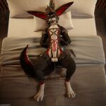 1:1 3d_(artwork) 4k absurd_res animal_genitalia animal_penis anthro arms_tied ball_bondage ball_gag ball_rope balls bdsm bed bedroom biped black_body blender_(software) blender_cycles blindfold bondage bondage_gear bound canid canine canine_genitalia canine_penis chain claws clothing cock_and_ball_torture collar cuff_(restraint) cuffs_(clothing) degradation digital_media_(artwork) dragonplayer erection exposed_balls feet forced fox fur furniture gag gagged genital_rope genital_torture genitals hair hands_on_back harness hi_res high-angle_view hindpaw humiliation inside knot latex latex_clothing leash leashed_collar leather leather_harness legs_tied lying lying_on_bed male mammal multicolored_body muzzle_gag on_back on_bed open_mouth paws penis pink_penis reflection restraints rexouium rope rope_around_balls slim slim_anthro slim_male slim_sub solo spread_legs spreader_bar spreading stretching submissive submissive_male tail teeth tight_clothing toes torture white_body 