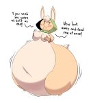  2023 anthro arabel_(maddeku) blush bottom_heavy breasts butt covering covering_breasts dialogue english_text female hi_res huge_belly lagomorph leporid maddeku mammal monobutt navel nude pear-shaped_figure princess rabbit royalty solo text wide_hips 