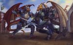  2023 anthro arix_(arix0) armband armor belt blue_eyes bottomwear broken_horn castle chainmail clothing cloud cuirass cuisse digital_media_(artwork) dirt dragon duo fight furgonomics gauntlets gloves green_eyes handwear headgear helmet hi_res holding_object holding_shield holding_sword holding_weapon horn looking_at_another looking_forward male melee_weapon membrane_(anatomy) membranous_wings orange_body orange_scales outside pants pennant plant plate_armor poleyn prosthetic raidontoru red_body red_scales richard_(cyberlightning) sabatons sailing_ship sailing_watercraft sails scabbard scales schynbalds shield ship signature sky sparks spaulder spikes spikes_(anatomy) spread_wings standing straps sword tail tail_armor tree vambrace vehicle watercraft weapon wing_claws wings yellow_body yellow_scales 