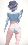  1girl afe. ass bare_legs blue_archive bob_cut bucket_hat commentary facing_away feet_out_of_frame from_behind hat highres holding holding_map kneepits long_sleeves map median_furrow official_alternate_costume purple_hair rash_guard saki_(blue_archive) saki_(swimsuit)_(blue_archive) short_hair simple_background solo white_background 
