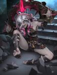  1girl ahoge artist_name belt black_belt breasts briar_(league_of_legends) colored_sclera colored_skin detached_sleeves feet fingernails full_body gradient_hair grey_eyes grey_hair grey_skin hair_between_eyes highres knee_up league_of_legends legs long_hair medium_breasts mixed-language_commentary multicolored_hair multiple_belts on_ground open_mouth outdoors pink_hair pointy_ears red_sclera rock shadow sharp_fingernails sharp_teeth sidelocks signature sirenlin sitting smile soles solo spread_legs spread_toes stairs stirrup_legwear teeth toeless_legwear toenails toes two-tone_hair vampire wrist_cuffs 