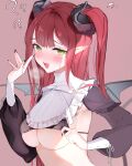  1girl absurdres black_nails blunt_bangs blush breasts cosplay demon_girl demon_horns demon_tail demon_wings frilled_shirt frills green_eyes highres horns kitagawa_marin large_breasts long_hair long_sleeves looking_at_viewer niku_(hamuchang) open_mouth pointy_ears red_hair rizu-kyun shirt solo sono_bisque_doll_wa_koi_wo_suru tail wings 