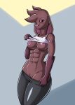  abs anthro black_sclera breasts brown_body brown_fur clothed clothing clothing_lift crotch_tuft diamond_(fours) eye_scar facial_scar female fours_(artist) freckles fur genitals hi_res nipples presenting pulling_down_pants pussy red_eyes scar shirt shirt_lift solo topwear tuft 