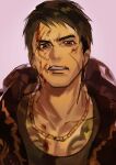 1boy absurdres black_hair black_jacket black_shirt blood blood_on_face brown_eyes chain chest_tattoo clenched_teeth collarbone gold_chain highres jacket kuromonoka looking_at_viewer male_focus open_mouth pink_background ryuu_ga_gotoku_7_gaiden scar scar_on_face scar_on_lip shirt shishido_kosei simple_background solo tattoo teeth upper_body v-shaped_eyebrows 