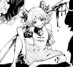  1girl barefoot curled_horns dress earrings greyscale grin horn_ornament horn_ribbon horns iro_marimo jewelry looking_at_viewer monochrome oversized_object pointy_ears ribbon sheep_horns short_hair smile solo spoon touhou toutetsu_yuuma 