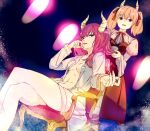  2girls aura_(sousou_no_frieren) blue_eyes breasts chair crossed_legs dress hair_ribbon horns linie_(sousou_no_frieren) multiple_girls navel open_clothes open_shirt orange_hair pink_hair purple_eyes red_dress red_ribbon ribbon sexysinsi2 shirt short_twintails sitting small_breasts sousou_no_frieren standing twintails white_shirt 