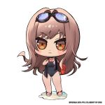  1girl ass_visible_through_thighs black_choker black_one-piece_swimsuit blush_stickers brown_eyes chibi choker closed_mouth commentary english_commentary full_body goddess_of_victory:_nikke goggles goggles_on_head groin hair_intakes highres holding holding_towel light_brown_hair light_frown long_hair official_alternate_costume official_art one-piece_swimsuit rapi_(classic_vacation)_(nikke) rapi_(nikke) sandals solo standing swept_bangs swimsuit totatokeke towel towel_around_neck v-shaped_eyebrows very_long_hair 