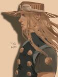  1boy beard belt blonde_hair commentary_request danart14020 facial_hair from_side green_eyes gyro_zeppeli hat highres jojo_no_kimyou_na_bouken long_hair looking_away male_focus parted_lips realistic shadow shirt signature solo steel_ball_run 