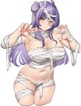  1girl absurdres ahoge bandages bare_shoulders breasts chest_sarashi cleavage commentary commission cropped_legs hair_bun highres large_breasts long_hair looking_at_viewer midriff mummy_costume navel original pinnn purple_hair sarashi simple_background smile solo standing stomach strapless thighs tube_top very_long_hair white_background yellow_eyes 