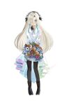  1girl absurdres ascot beret black_footwear black_pantyhose blonde_hair blue_eyes blue_hair boots bouquet closed_mouth collared_dress dress flower full_body hair_flower hair_ornament hair_over_one_eye hat high-low_skirt highres holding holding_bouquet iridescent isekai_joucho kamitsubaki_studio long_hair long_sleeves looking_at_viewer ming_(mei) multicolored_hair one_eye_covered pantyhose simple_background smile solo standing streaked_hair v_arms virtual_youtuber white_background white_dress white_headwear 