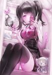  1girl ame-chan_(needy_girl_overdose) black_hair black_nails black_ribbon black_skirt black_thighhighs bleeding blood breasts cat cellphone chair character_doll chouzetsusaikawa_tenshi-chan cigarette cleavage collared_shirt commentary_request cuts gaming_chair hair_ornament hair_over_one_eye hair_tie hands_up heart highres holding holding_cigarette holding_phone indoors injury jirai_kei large_breasts long_hair looking_at_viewer mirror monitor nail_polish neck_ribbon needy_girl_overdose p-chan_(needy_girl_overdose) panties pantyshot partially_unbuttoned phone pink_eyes red_shirt ribbon scar scar_on_leg self-harm self-harm_scar selfie shirt sitting skirt smartphone smile smoke solo stuffed_animal stuffed_shark stuffed_toy suspender_skirt suspenders swivel_chair table taking_picture thighhighs translation_request twintails underwear white_panties wrist_cutting x_hair_ornament yunara 