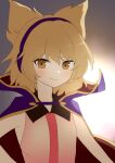  144udy 1girl absurdres backlighting blush cape closed_mouth earmuffs eyebrows_hidden_by_hair flat_chest gold_trim hair_between_eyes highres medium_hair pointy_hair simple_background smile solo touhou toyosatomimi_no_miko upper_body 