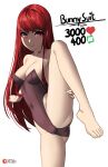  1girl absurdres bare_legs bare_shoulders barefoot blush breasts cameltoe english_text feet hair_down highres leg_lift leotard like_and_retweet long_hair looking_at_viewer meme official_alternate_hairstyle persona persona_5 persona_5_the_royal petite red_eyes red_hair skinny smile solo toes twitter_strip_game_(meme) x_xith_x yoshizawa_kasumi yoshizawa_sumire 