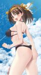  1girl ass bikini black_bikini blue_sky bob_cut breasts brown_eyes brown_hair cloud contrail feet_out_of_frame from_behind hairband highres looking_at_viewer looking_back medium_breasts medium_hair murata_tefu scrunchie sky solo suzumiya_haruhi suzumiya_haruhi_no_yuuutsu swimsuit thong_bikini white_scrunchie wrist_scrunchie yellow_hairband 