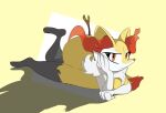  2023 3_fingers angry anthro arm_over_breasts artist_name bent_legs big_tail black_body black_fur braixen breasts butt canid canine digital_media_(artwork) docior_(artist) ear_fur eyebrows eyelashes female fingers floating_eyebrows fox frown frowning_at_viewer fur generation_6_pokemon hi_res hiding_breasts hind_legs hindpaw laying_on_ground leaning_on_hand legs_up looking_at_viewer lying mammal nintendo on_front orange_eyes orange_nose orange_tail_tip paws pokemon pokemon_(species) shaded signature simple_background solo stick tail white_body white_fur yellow_body yellow_fur yellow_tail 